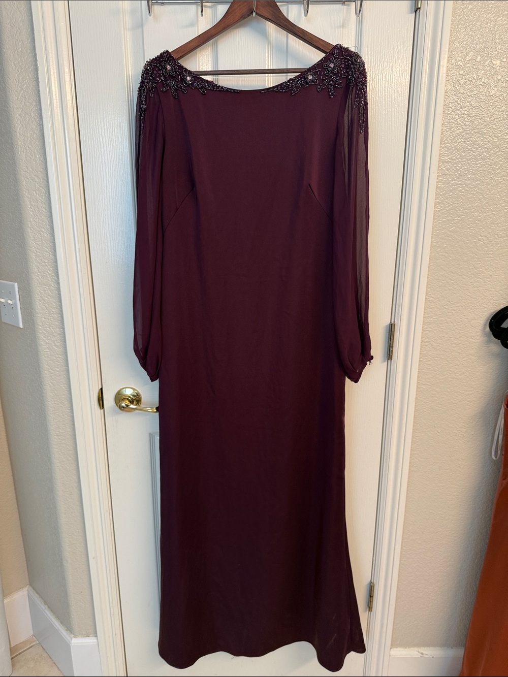 Elegant Beaded Long Sleeve Dress in Deep Plum